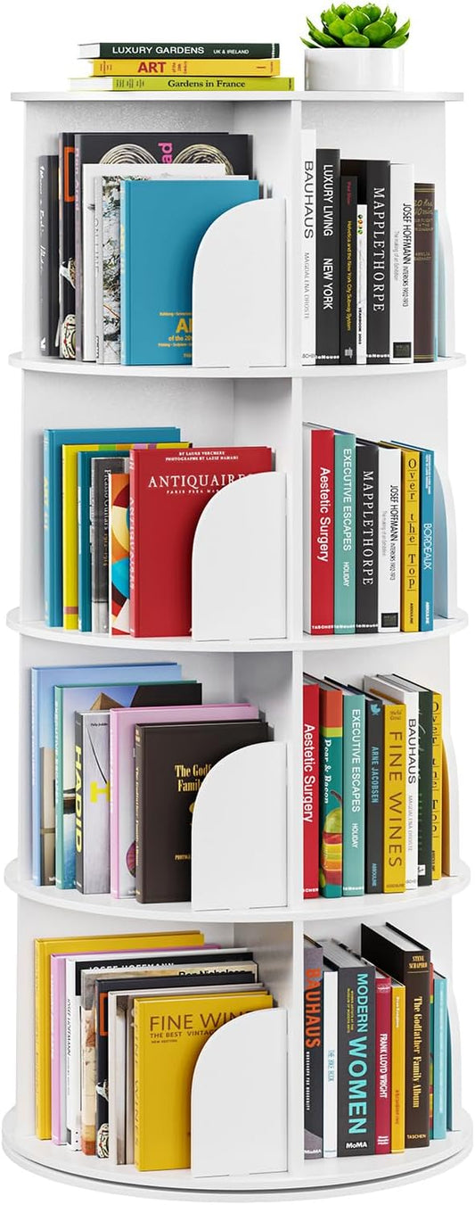 4-Tier Rotating Bookshelf Tower, 360° Spinning Bookcase Carousel Organizer – White