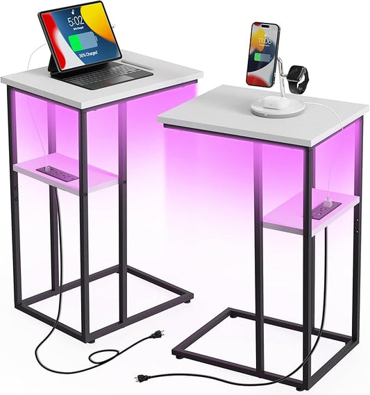 Side Table Set of 2, C-Shaped End Tables with USB Charging & LED Light, Small Sofa Laptop & Snack Tables, White