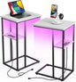Side Table Set of 2, C-Shaped End Tables with USB Charging & LED Light, Small Sofa Laptop & Snack Tables, White