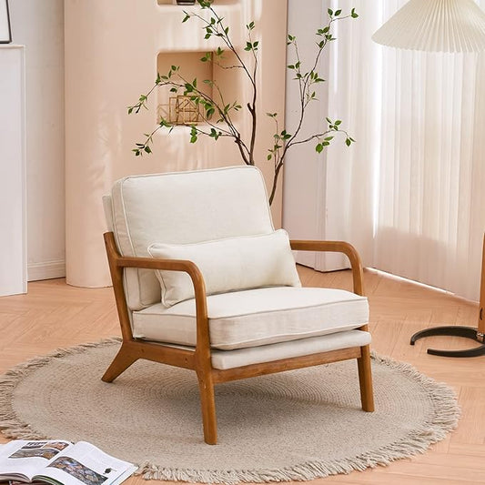 Mid-Century Modern Accent Chair with Pillow, Linen Upholstered Armchair with Solid Wood Frame – Beige