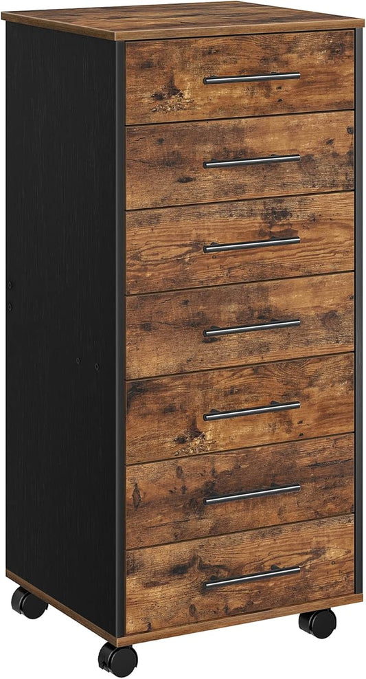 7-Drawer Wooden File Cabinet with Mobile Storage – Rustic Brown & Black