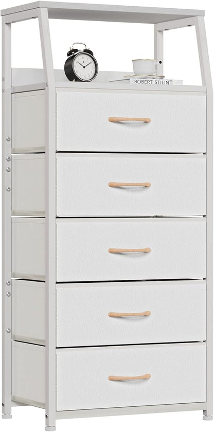 White 5-Drawer Fabric Dresser with Wood Top and Steel Frame, Vertical Storage Tower for Bedroom and Closet