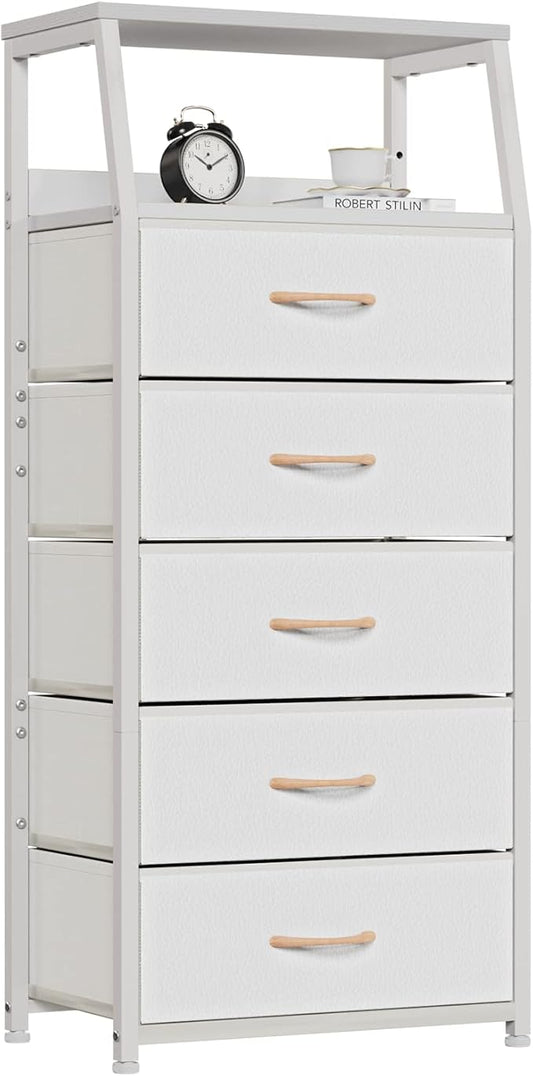 White 5-Drawer Fabric Dresser with Wood Top and Steel Frame, Vertical Storage Tower for Bedroom and Closet