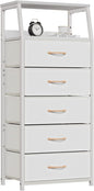 White 5-Drawer Fabric Dresser with Wood Top and Steel Frame, Vertical Storage Tower for Bedroom and Closet