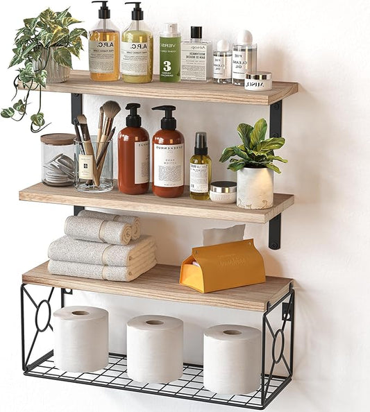 Over Toilet Bathroom Shelf with Storage Basket, Floating Wall Shelves for Home, Kitchen, Living Room – Natural Wood