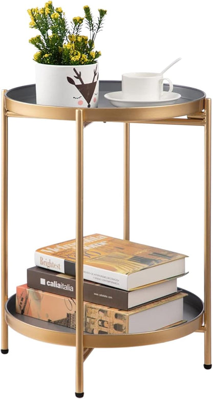 2-Tier Round Folding Side Table with Removable Tray, Gold & Grey