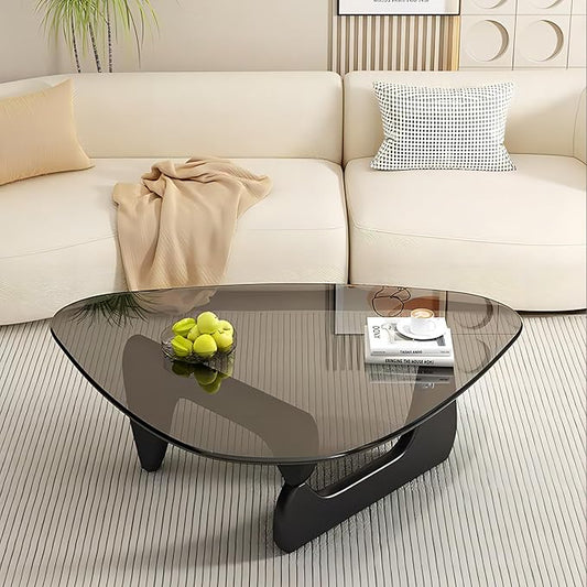 Modern Glass Coffee Table – Abstract Round Tea Table for Living Room, Black-Gray, 32.6