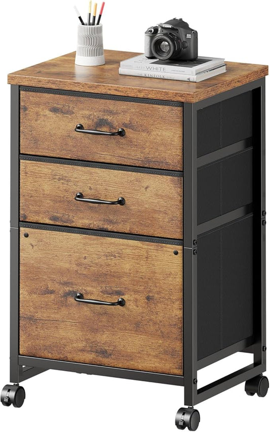 3-Drawer Mobile Fabric File Cabinet with Wheels – A4/Letter Size, Rustic Brown