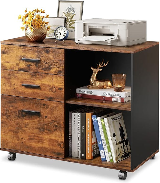3 Drawer Mobile File Cabinet with Shelves, Wood Lateral Filing Cabinet and Printer Stand for Home Office, Rustic Brown