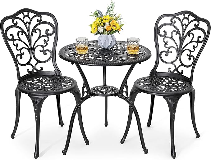 3-Piece Cast Aluminum Bistro Set with Table and Chairs, Outdoor Patio Furniture with Umbrella Hole, Black
