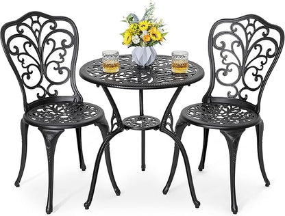3-Piece Cast Aluminum Bistro Set with Table and Chairs, Outdoor Patio Furniture with Umbrella Hole, Black