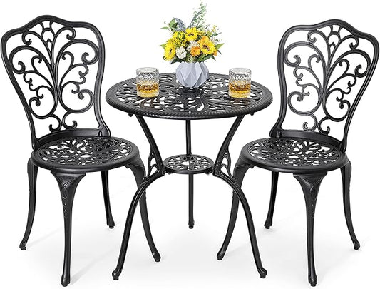 3-Piece Cast Aluminum Bistro Set with Table and Chairs, Outdoor Patio Furniture with Umbrella Hole, Black