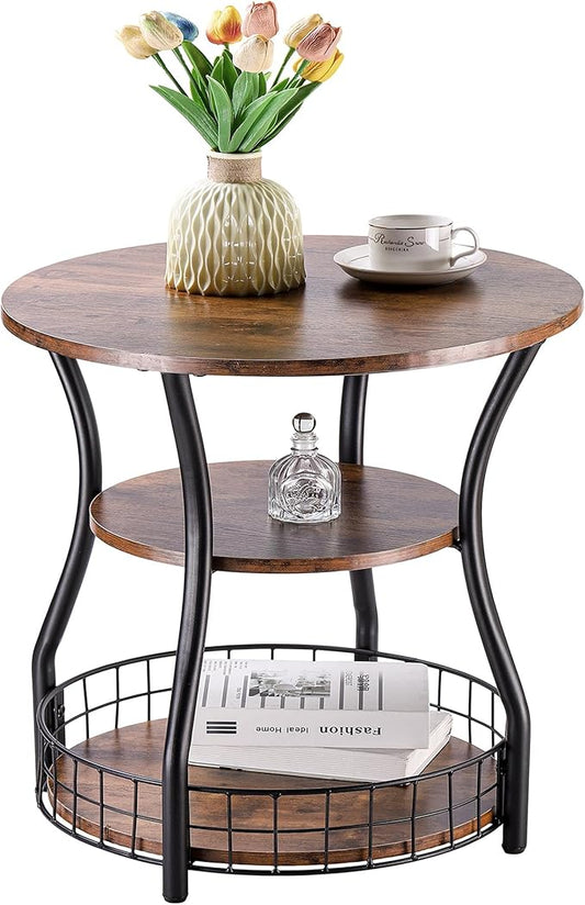 Round 3-Tier Side Table with Storage Shelves, Rustic Brown