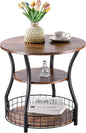 Round 3-Tier Side Table with Storage Shelves, Rustic Brown