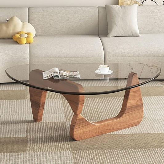 Modern Glass Coffee Table, Round Abstract Tea Table with Walnut Base for Living Room