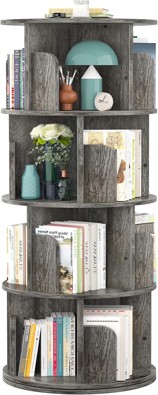 Rotating 4-Tier Bookshelf, 360° Corner Bookcase Storage Rack for Small Spaces, Grey Oak