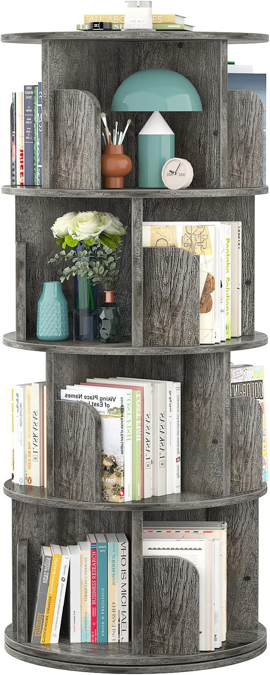 Rotating 4-Tier Bookshelf, 360° Corner Bookcase Storage Rack for Small Spaces, Grey Oak