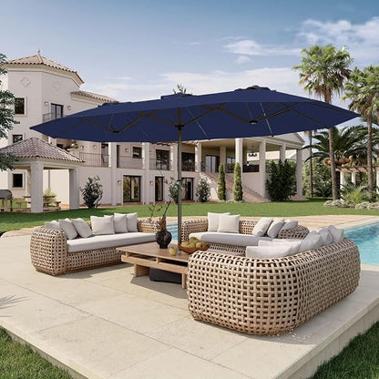 15FT Double-Sided Patio Umbrella with Base – Large Outdoor Market Canopy with Crank Handle, UV Resistant, Navy Blue