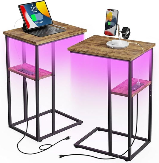 Side Table Set of 2, C-Shaped End Tables with USB Charging & LED Light, Small Sofa Laptop & Snack Tables, Rustic Brown