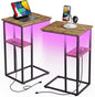 Side Table Set of 2, C-Shaped End Tables with USB Charging & LED Light, Small Sofa Laptop & Snack Tables, Rustic Brown