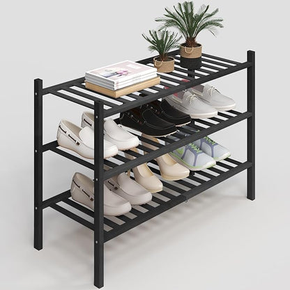 3-Tier Bamboo Shoe Rack, Stackable Free-Standing Organizer for Entryway, Hallway, Bathroom – Black