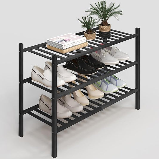 3-Tier Bamboo Shoe Rack, Stackable Free-Standing Organizer for Entryway, Hallway, Bathroom – Black