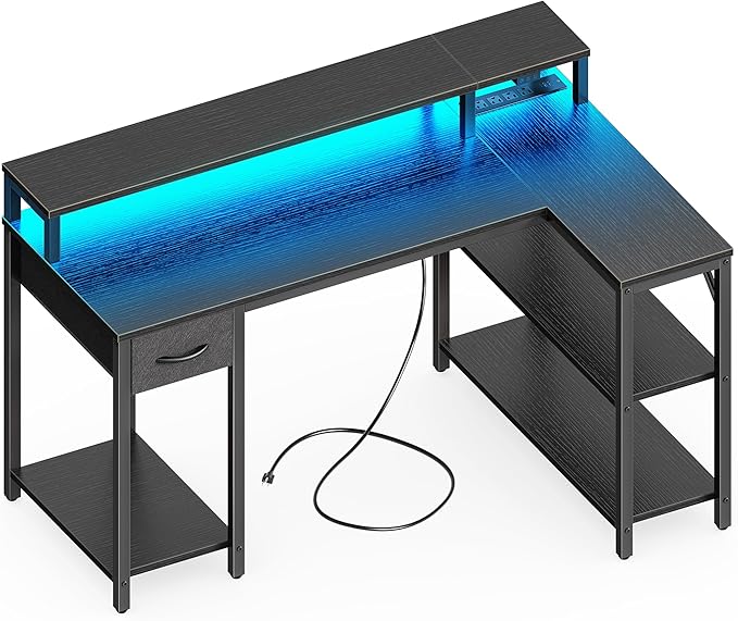 L Shaped Gaming Desk with Drawer, LED Lights, Power Outlets, Shelves & Monitor Stand, 47" Black