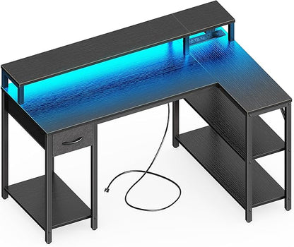 L Shaped Gaming Desk with Drawer, LED Lights, Power Outlets, Shelves & Monitor Stand, 47" Black