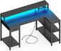 L Shaped Gaming Desk with Drawer, LED Lights, Power Outlets, Shelves & Monitor Stand, 47" Black