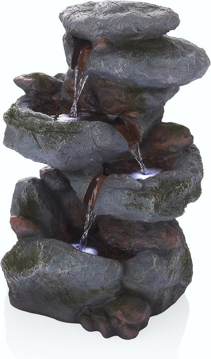 3-Tier Rock Waterfall Fountain with LED Lights – 22" Outdoor Garden & Patio Decor, Gray