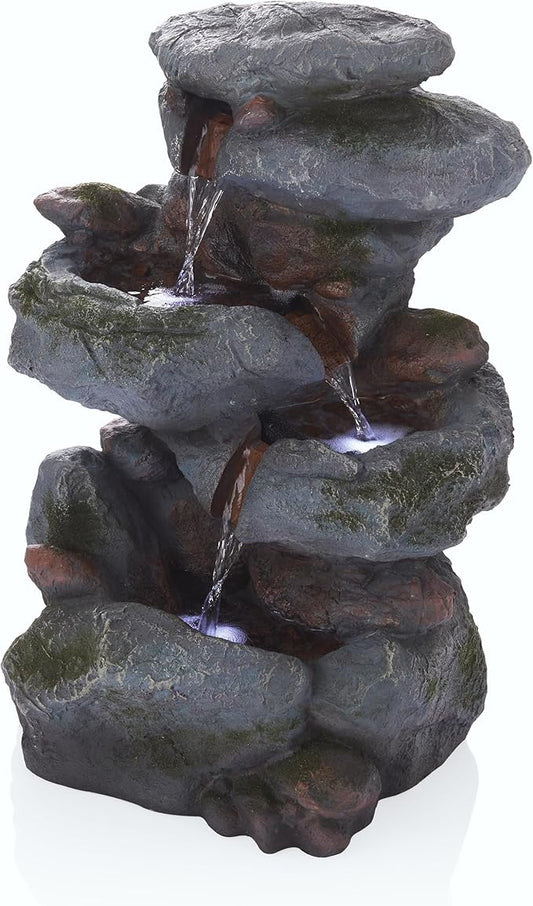 3-Tier Rock Waterfall Fountain with LED Lights – 22" Outdoor Garden & Patio Decor, Gray