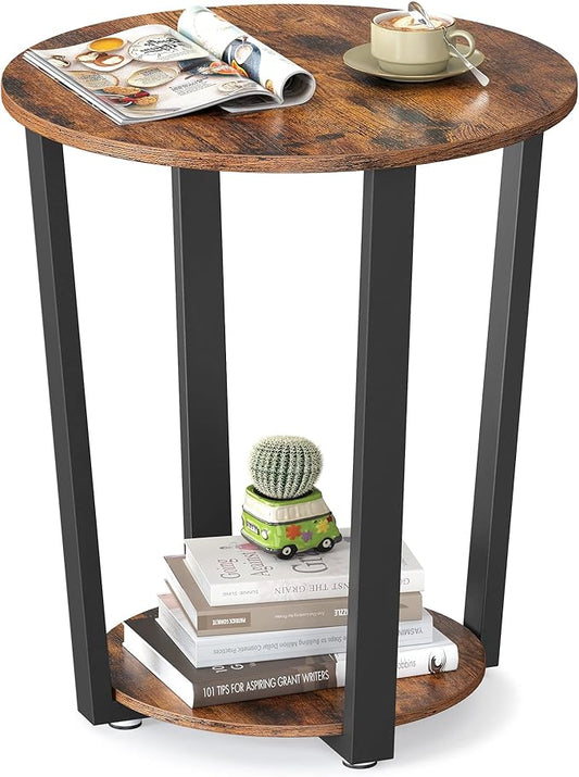 Round End Table with Storage Shelf, Rustic Brown and Black