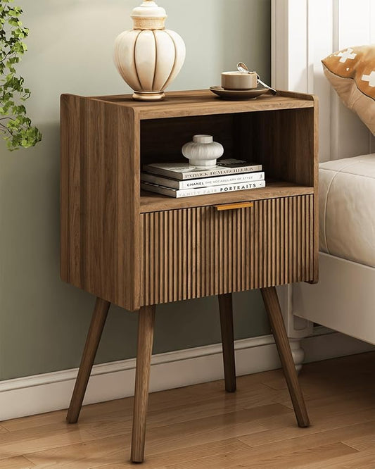 Modern Nightstand with Drawer and Open Shelf, Bedside Table for Bedroom, Living Room, or Small Spaces, Walnut Brown