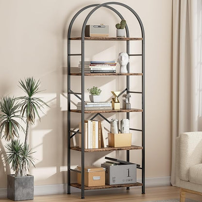 Arched 5-Tier Bookshelf, Rustic Brown Storage Bookcase for Home or Office