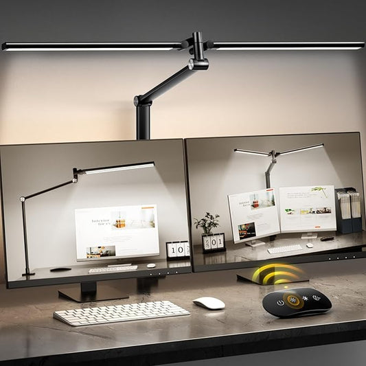 LED Desk Lamp with Remote, Dual Monitor Light, Stepless Dimming & Memory Function – Black