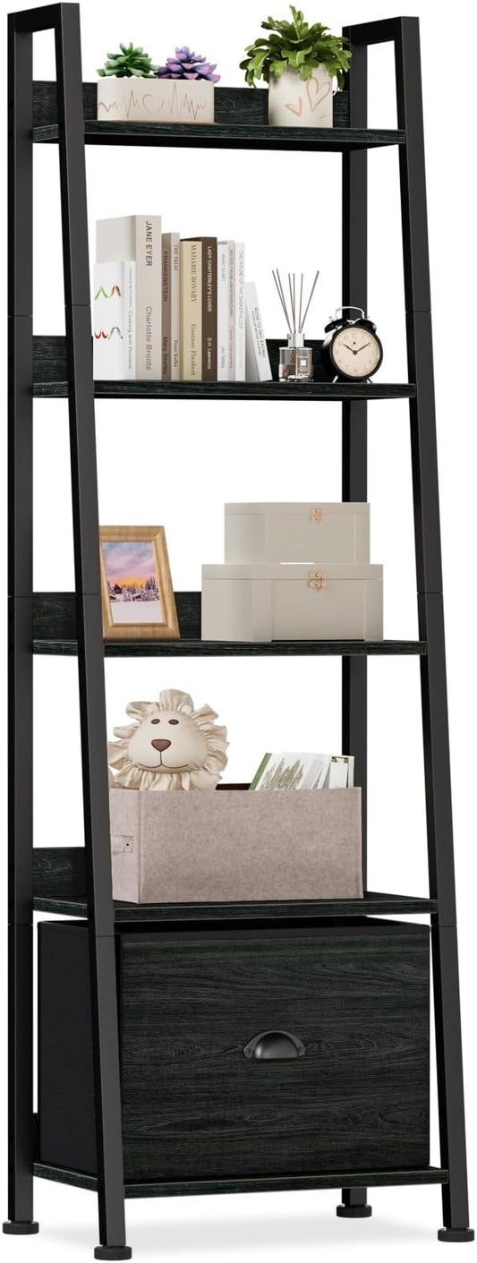 5-Tier Ladder Shelf with Drawer, Tall Narrow Bookshelf Storage Rack for Living Room, Bedroom, Home Office – Black Oak