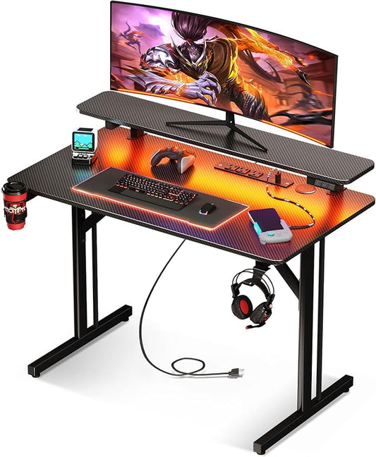 32" Gaming Desk with LED Lights, Power Outlets & Monitor Shelf, Carbon Fiber Texture