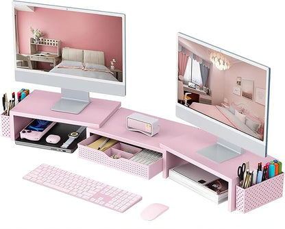 Dual Monitor Stand Riser with Drawer and Pen Holders, Pink Desk Organizer