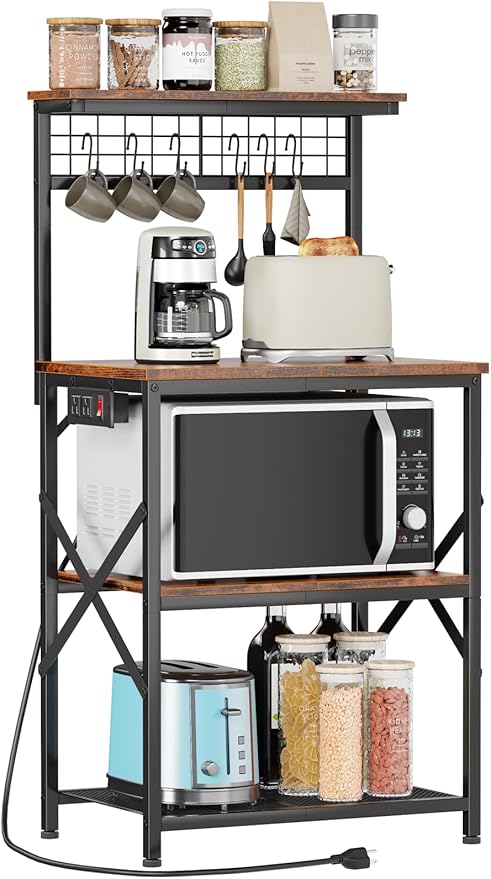 Kitchen Bakers Rack with Power Outlet, 4-Tier Microwave Stand with Storage, Coffee Bar Table with Hooks – Rustic Brown