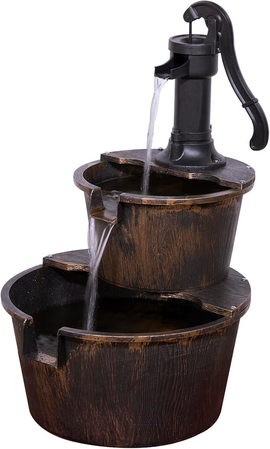Outdoor Rustic 2-Tier Barrel Water Fountain with Pump, Bronze Finish, 27"
