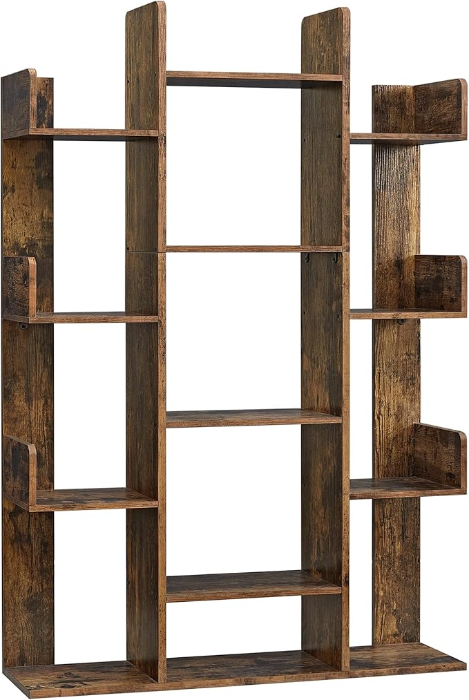 Tree-Shaped Bookshelf with 13 Shelves, Rounded Corners, Rustic Brown, 55" H