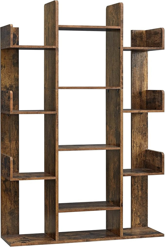 Tree-Shaped Bookshelf with 13 Shelves, Rounded Corners, Rustic Brown, 55" H