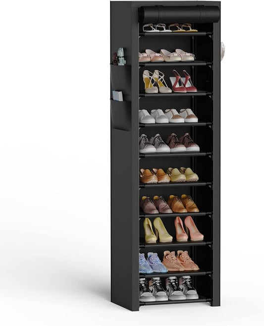 10-Tier Vertical Shoe Rack with Dust Cover – Tall Narrow Closet Organizer, Black