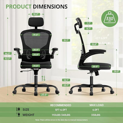 Ergonomic Office Chair, High Back Computer Chair with Flip-Up Armrests, Black