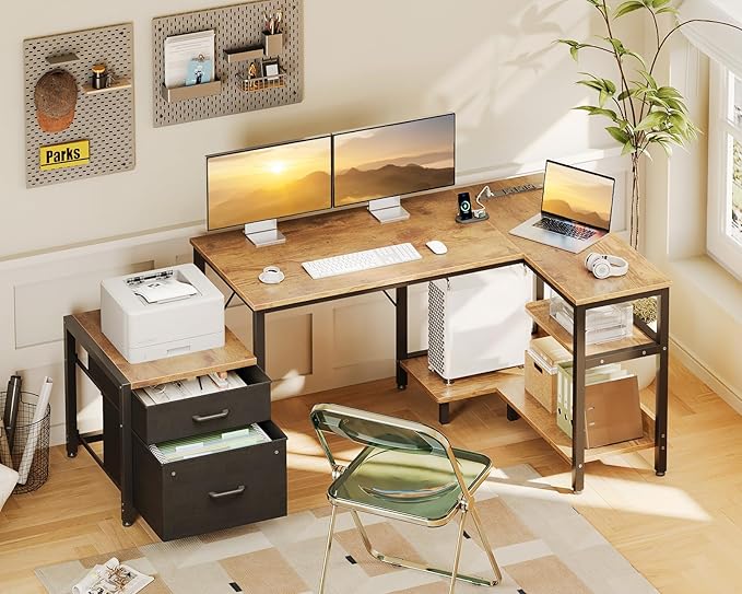 L Shaped Computer Desk with Drawers, File Cabinet, Storage Shelves, CPU Stand & Power Outlets – Rustic Brown