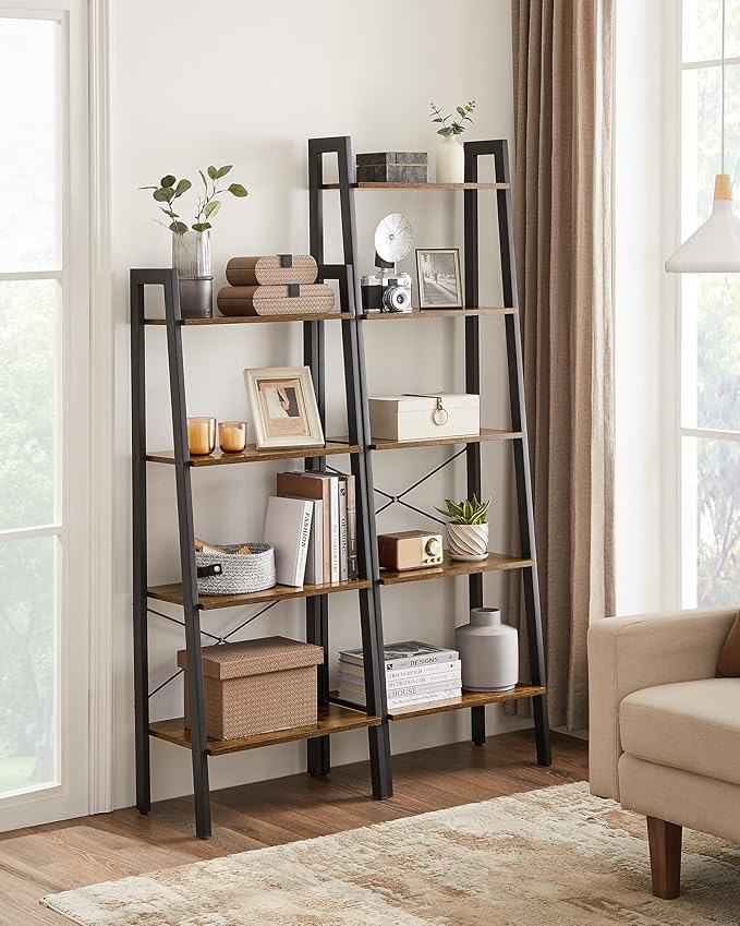 4-Tier Ladder Shelf, Industrial Bookshelf with Steel Frame for Living Room, Office, or Bedroom, Rustic Brown & Black