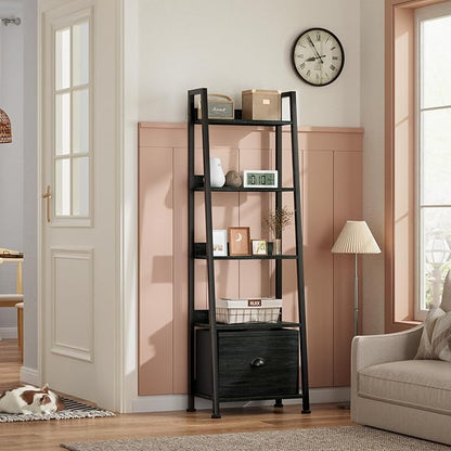 5-Tier Ladder Shelf with Drawer, Tall Narrow Bookshelf Storage Rack for Living Room, Bedroom, Home Office – Black Oak