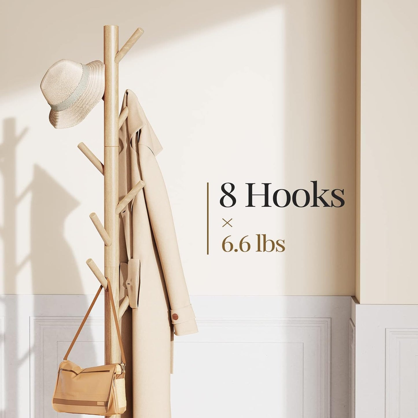 Wooden Coat Rack Stand with Adjustable Height and 8 Hooks for Entryway, Bedroom, or Office