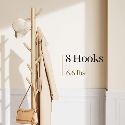 Wooden Coat Rack Stand with Adjustable Height and 8 Hooks for Entryway, Bedroom, or Office