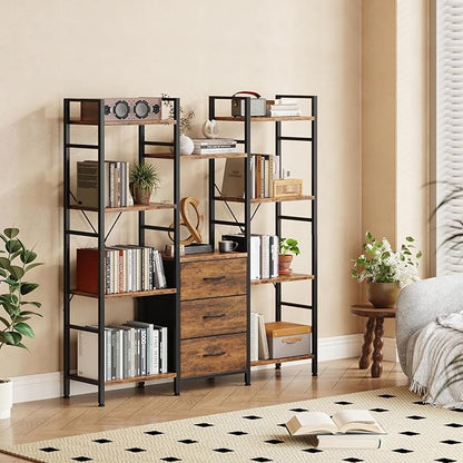 Triple Bookshelf with Fabric Drawers, 4-Tier Storage and Display Shelves, Rustic Brown